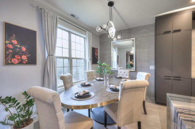 tiled dining area with tile walls