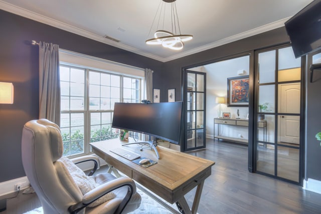 office with crown molding, a chandelier, and dark wood-type flooring