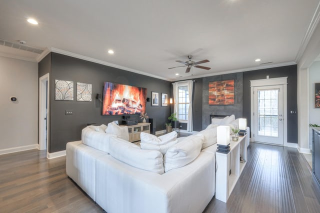 living room featuring a large fireplace, dark hardwood / wood-style floors, and a wealth of natural light