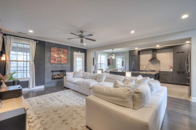 living room featuring hardwood / wood-style floors, sink, a large fireplace, ornamental molding, and ceiling fan