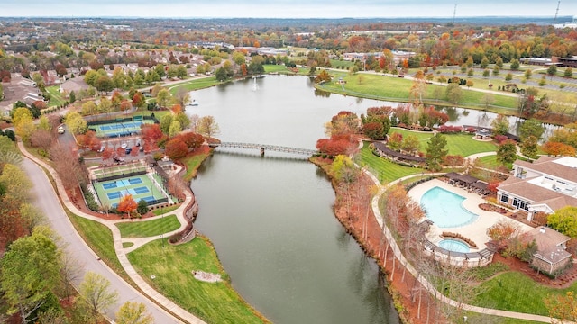 aerial view featuring a water view