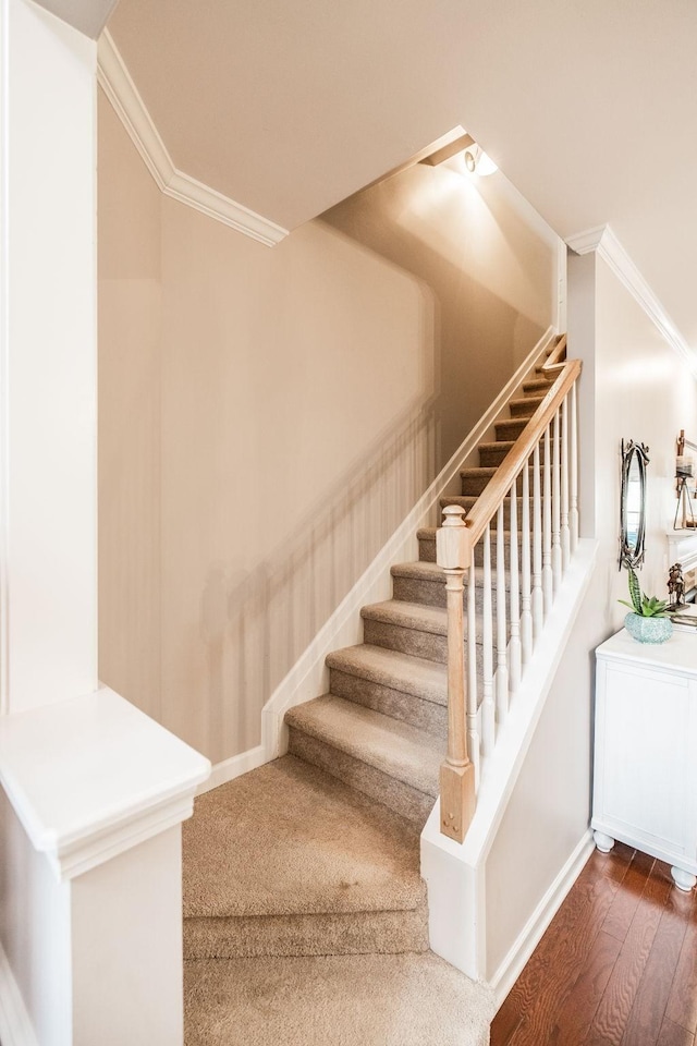 stairway featuring wood-type flooring and ornamental molding