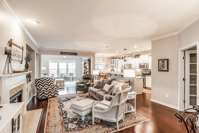 living room featuring ornamental molding and dark wood-type flooring