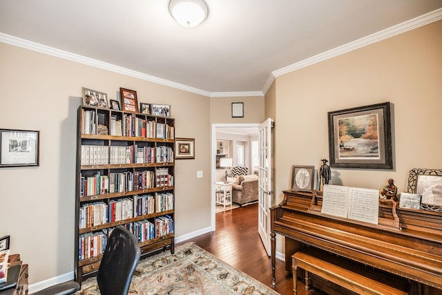 misc room featuring crown molding, dark wood-type flooring, and french doors