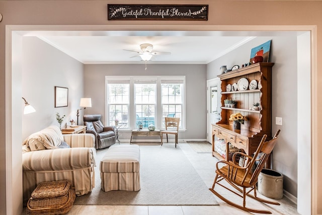 living room featuring ceiling fan, light tile patterned floors, and crown molding