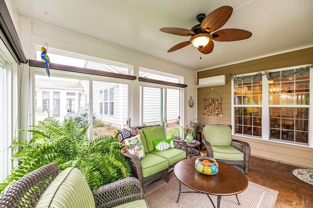 sunroom / solarium featuring a wall mounted AC and ceiling fan