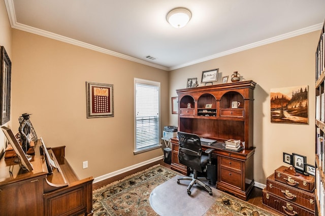 office with dark hardwood / wood-style flooring and ornamental molding