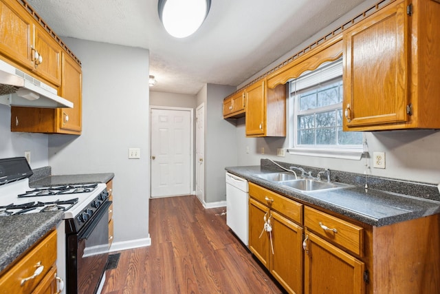 kitchen featuring dishwasher, gas stove, dark wood-type flooring, and sink