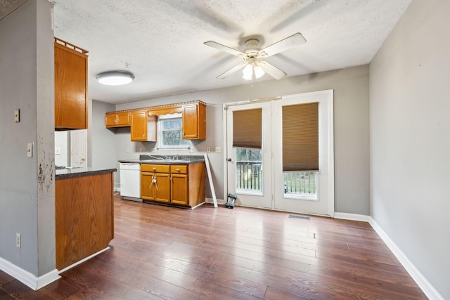 kitchen featuring a wealth of natural light, a textured ceiling, white dishwasher, and ceiling fan