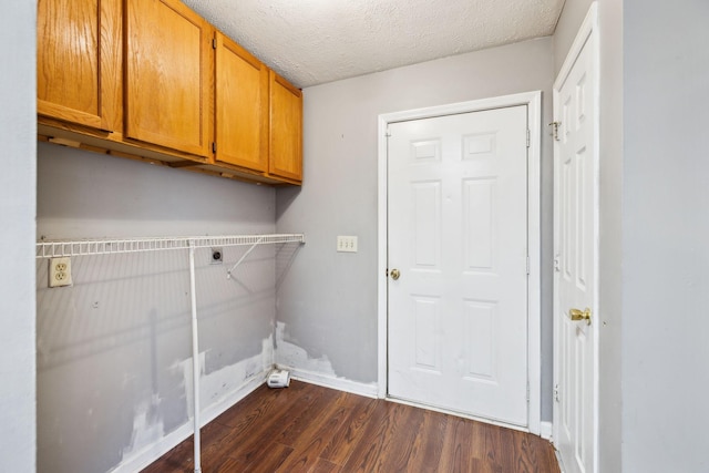 washroom with dark hardwood / wood-style floors, cabinets, and a textured ceiling