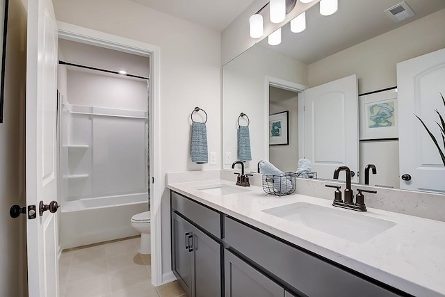 full bathroom featuring tile patterned flooring, vanity, shower / bath combination, and toilet