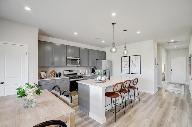 kitchen featuring stainless steel appliances, backsplash, pendant lighting, gray cabinets, and a center island with sink