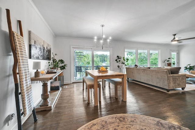 dining space featuring crown molding, dark wood-type flooring, and ceiling fan with notable chandelier