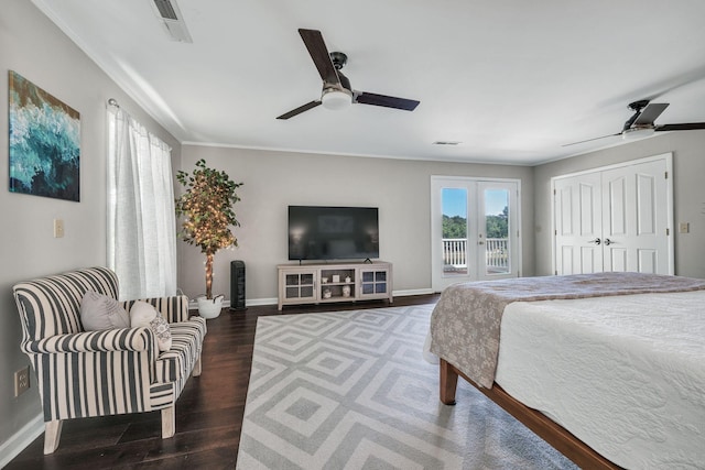 bedroom with french doors, ceiling fan, dark hardwood / wood-style floors, access to exterior, and ornamental molding