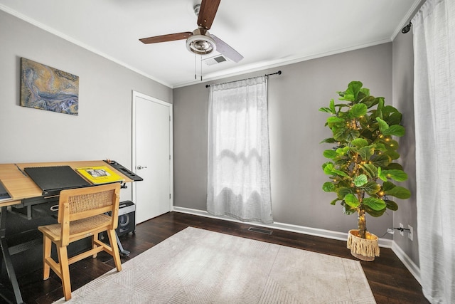 home office with dark hardwood / wood-style floors, ceiling fan, and crown molding