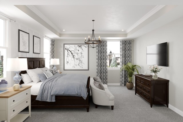 carpeted bedroom with a raised ceiling, crown molding, and a notable chandelier