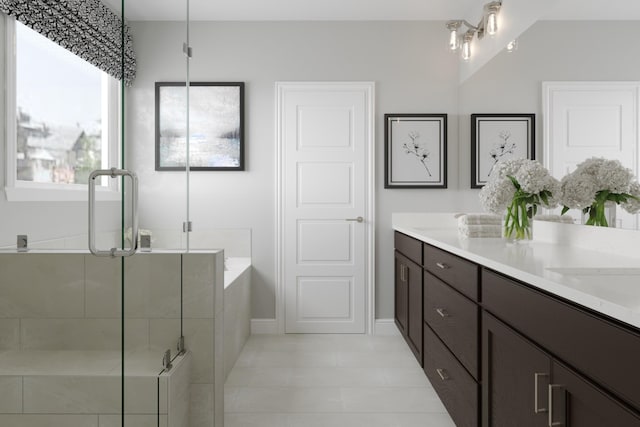 bathroom featuring vanity, plenty of natural light, and independent shower and bath