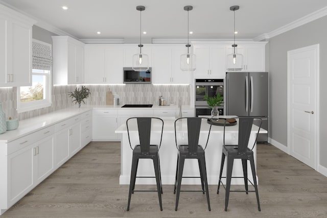 kitchen with decorative backsplash, a center island, decorative light fixtures, and appliances with stainless steel finishes