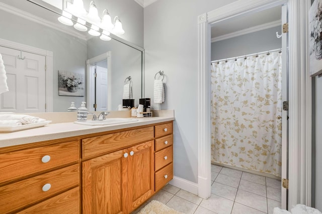 bathroom featuring vanity, tile patterned floors, crown molding, and a shower with curtain