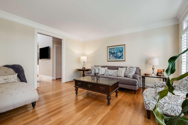 living room featuring ornamental molding and light hardwood / wood-style flooring