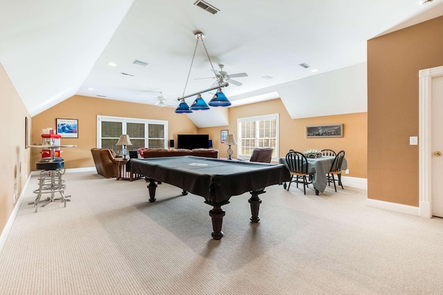 game room featuring vaulted ceiling, carpet, ceiling fan, and billiards