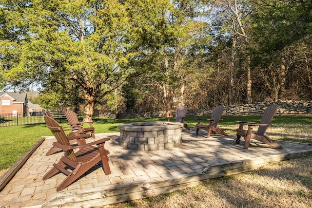 view of patio / terrace with a fire pit