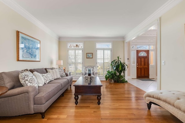 living room with crown molding and light hardwood / wood-style flooring