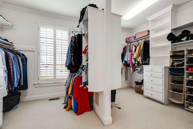 walk in closet featuring light colored carpet