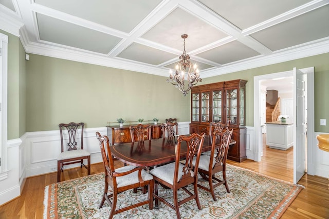 dining space featuring crown molding, light wood-type flooring, wainscoting, coffered ceiling, and a notable chandelier