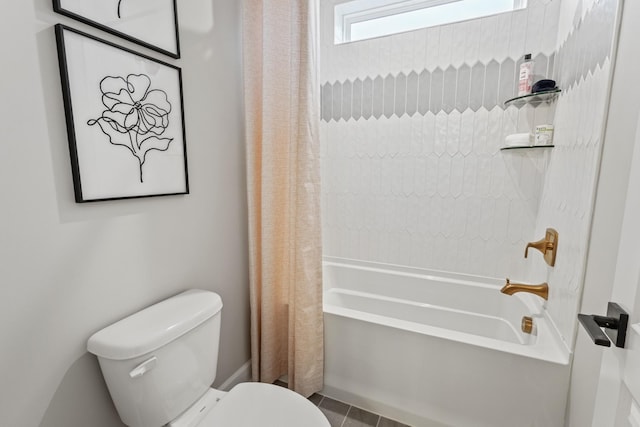 bathroom with shower / bathtub combination with curtain and toilet