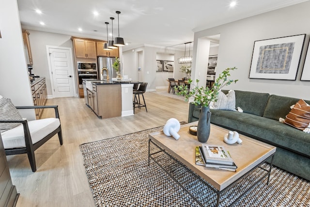 living room featuring light wood-type flooring, ornamental molding, and sink