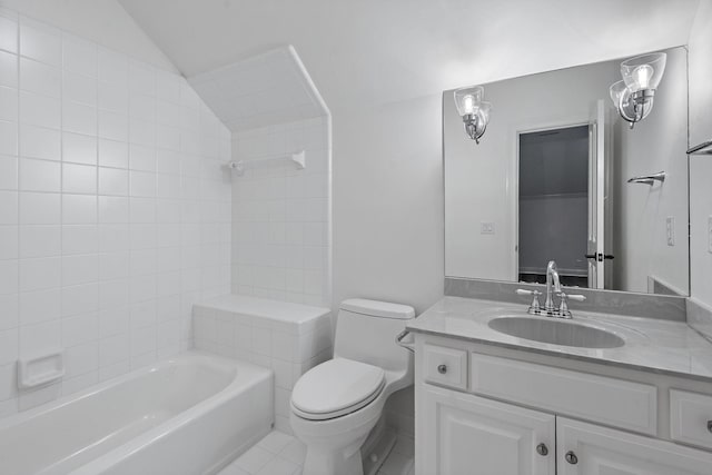 full bathroom featuring shower / bathing tub combination, vanity, lofted ceiling, tile patterned floors, and toilet