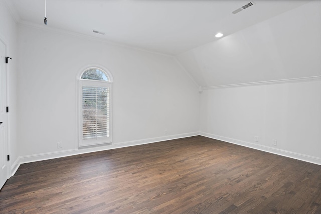 additional living space featuring dark wood-type flooring and lofted ceiling