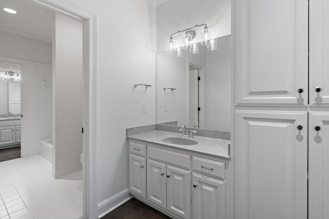 full bathroom featuring vanity, toilet, ornamental molding, and bathtub / shower combination