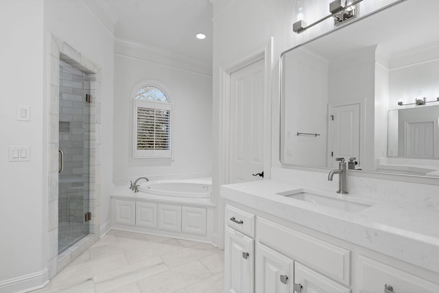 bathroom featuring shower with separate bathtub, vanity, tile patterned floors, and crown molding