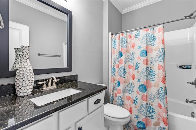 full bathroom with vanity, toilet, shower / bathtub combination with curtain, and crown molding