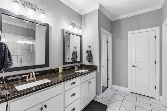 bathroom featuring vanity, an enclosed shower, and ornamental molding