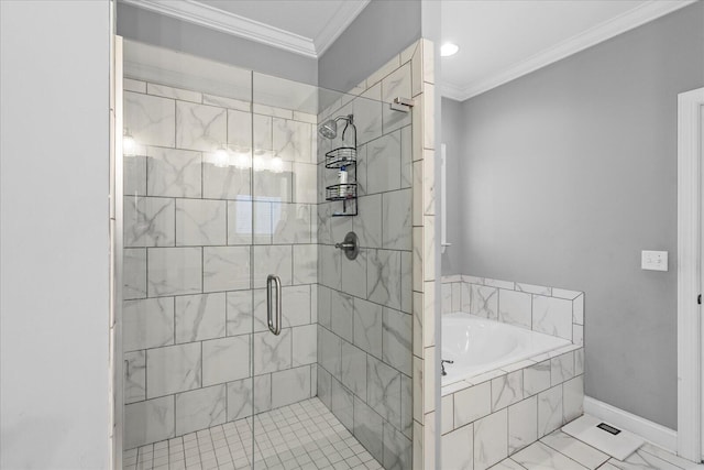 bathroom with shower with separate bathtub and ornamental molding