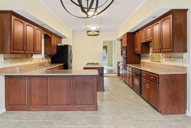 kitchen with appliances with stainless steel finishes, decorative light fixtures, sink, ornamental molding, and kitchen peninsula