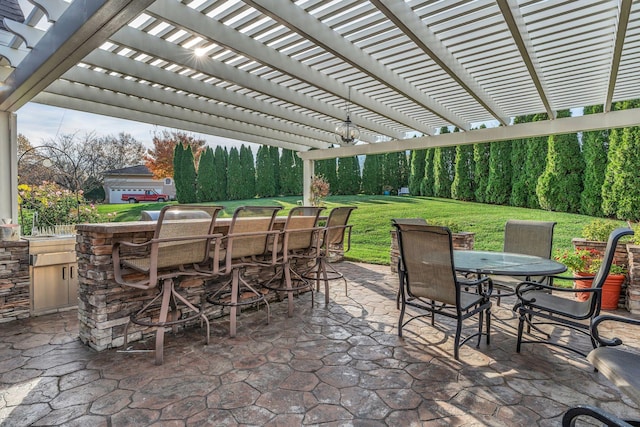 view of patio featuring a pergola and an outdoor bar