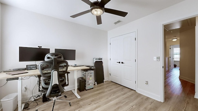 office area featuring light wood-type flooring and ceiling fan