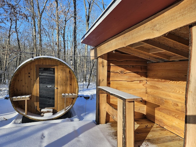 view of snow covered deck