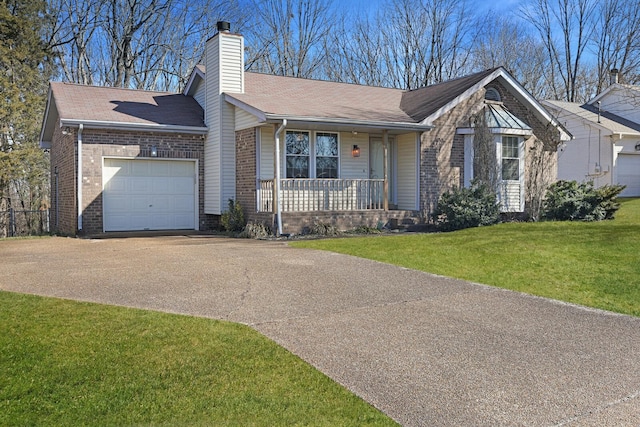 ranch-style home with a porch, a garage, and a front lawn