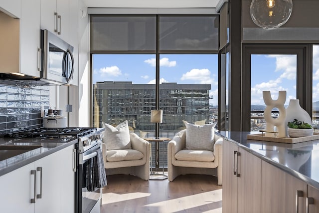 kitchen with hardwood / wood-style floors, backsplash, white cabinets, a wall of windows, and stainless steel appliances