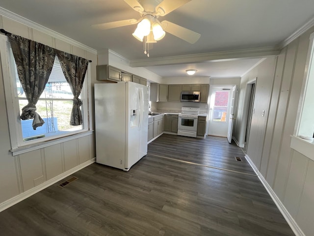 kitchen featuring white appliances, gray cabinets, ceiling fan, and ornamental molding