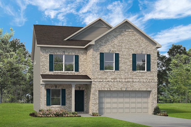 view of front of property with a front yard and a garage