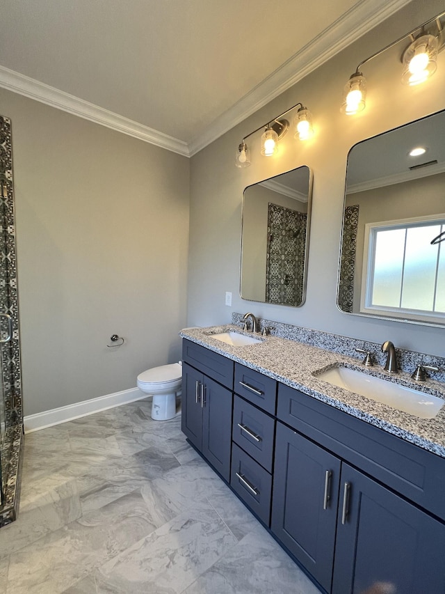 bathroom featuring vanity, toilet, ornamental molding, and a shower