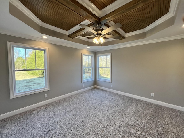 carpeted empty room with beam ceiling, ceiling fan, wooden ceiling, coffered ceiling, and ornamental molding