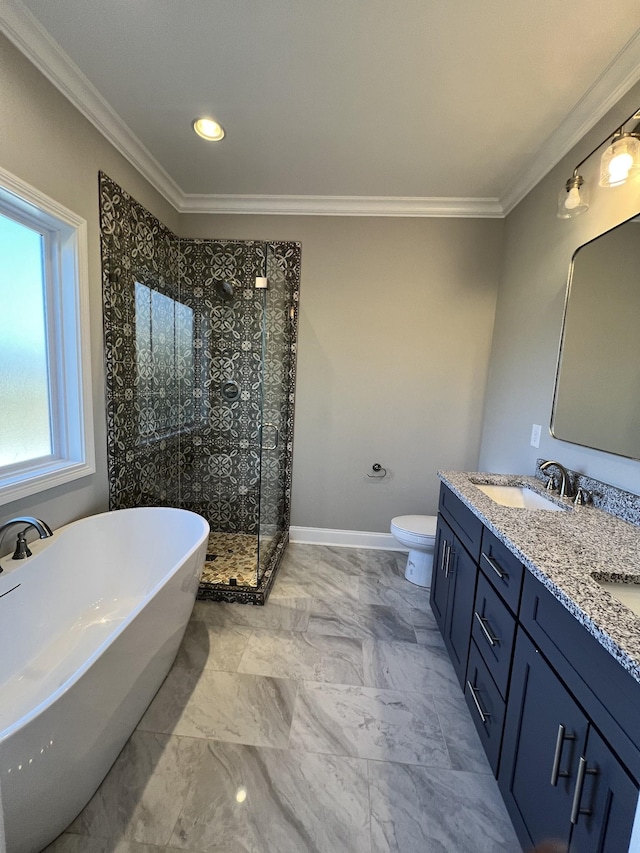 full bathroom with vanity, toilet, plus walk in shower, and ornamental molding