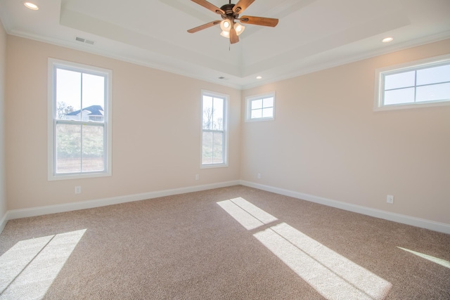 carpeted spare room featuring a tray ceiling, ceiling fan, and ornamental molding